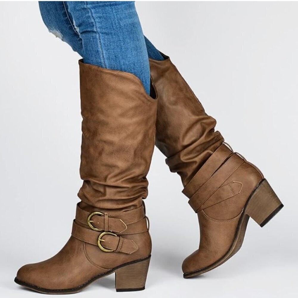 Journee Womens Late Stacked Heel Mid Calf Boots